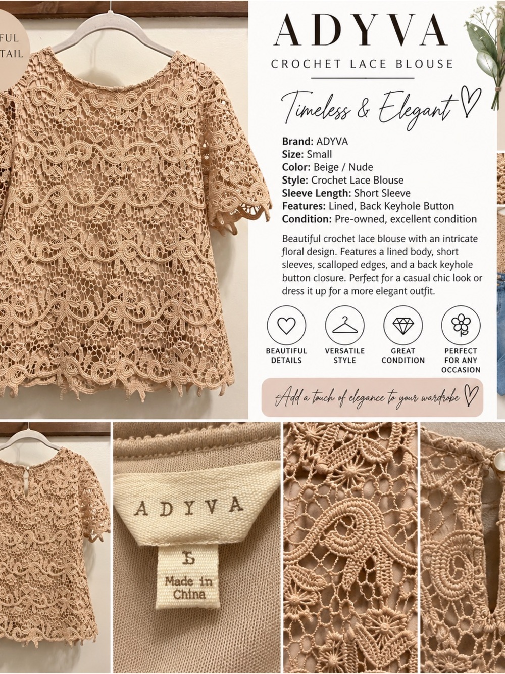 ADYVA Beige Crochet Lace Short Sleeve Blouse Size Small